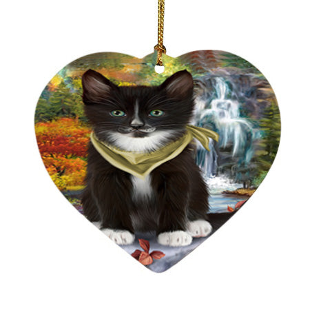 Scenic Waterfall Tuxedo Cat Heart Christmas Ornament HPOR51976