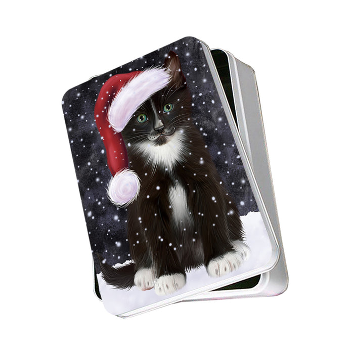 Let it Snow Christmas Holiday Tuxedo Cat Wearing Santa Hat Photo Storage Tin PITN54274