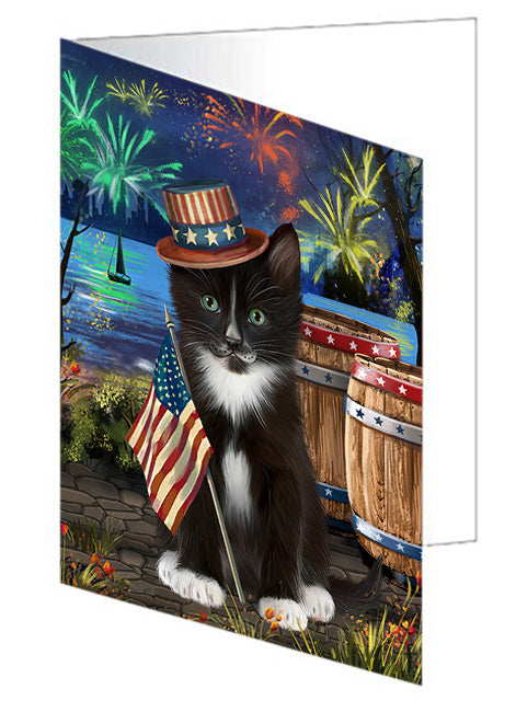 4th of July Independence Day Fireworks Tuxedo Cat at the Lake Handmade Artwork Assorted Pets Greeting Cards and Note Cards with Envelopes for All Occasions and Holiday Seasons GCD57764