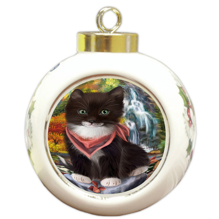 Scenic Waterfall Tuxedo Cat Round Ball Christmas Ornament RBPOR51977