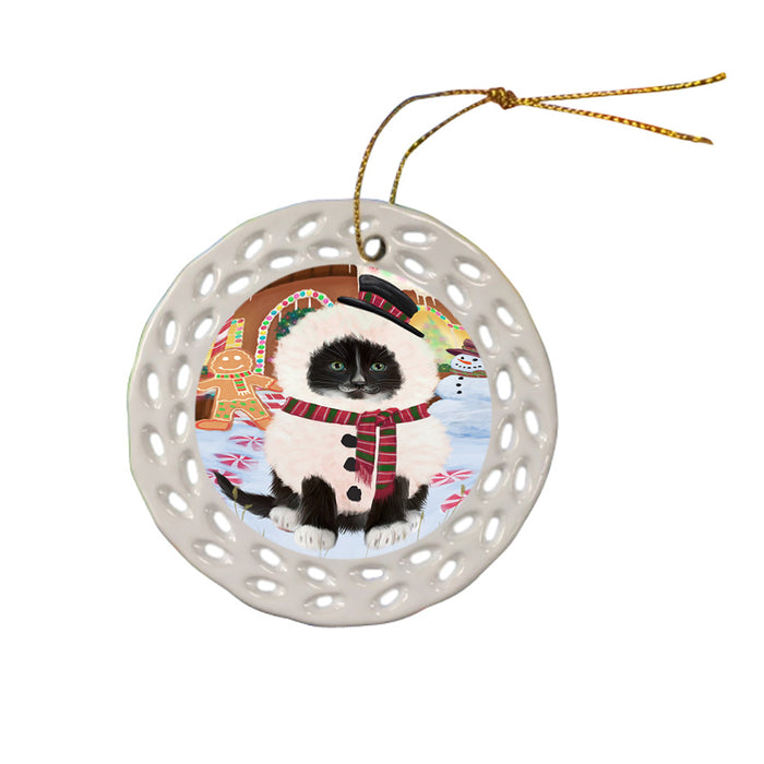 Christmas Gingerbread House Candyfest Tuxedo Cat Ceramic Doily Ornament DPOR56939