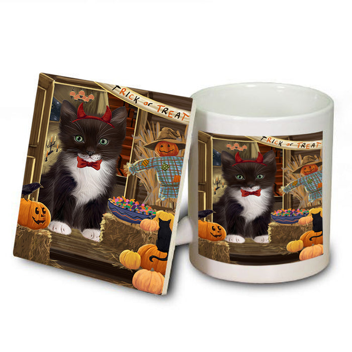 Enter at Own Risk Trick or Treat Halloween Tuxedo Cat Mug and Coaster Set MUC53314