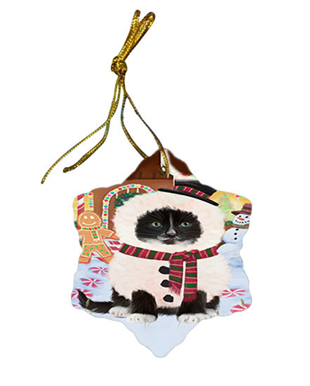 Christmas Gingerbread House Candyfest Tuxedo Cat Star Porcelain Ornament SPOR56939