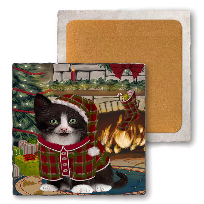 The Stocking was Hung Tuxedo Cat Set of 4 Natural Stone Marble Tile Coasters MCST50645
