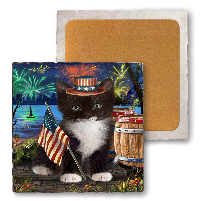 4th of July Independence Day Firework Tuxedo Cat Set of 4 Natural Stone Marble Tile Coasters MCST49104