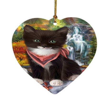 Scenic Waterfall Tuxedo Cat Heart Christmas Ornament HPOR51977