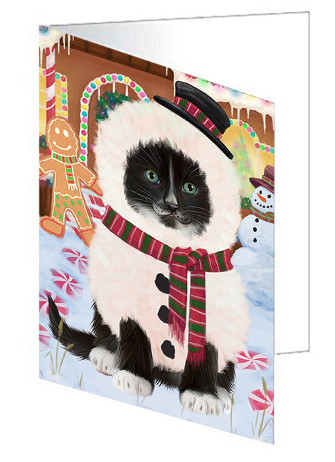 Christmas Gingerbread House Candyfest Tuxedo Cat Handmade Artwork Assorted Pets Greeting Cards and Note Cards with Envelopes for All Occasions and Holiday Seasons GCD74264
