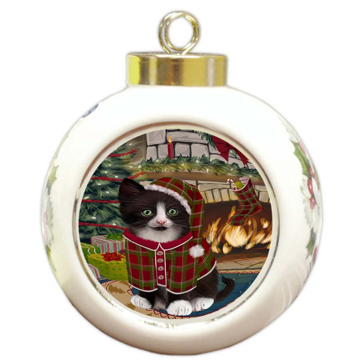 The Stocking was Hung Tuxedo Cat Round Ball Christmas Ornament RBPOR56001