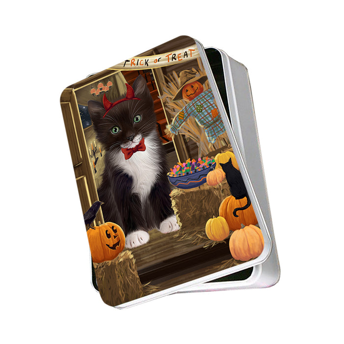 Enter at Own Risk Trick or Treat Halloween Tuxedo Cat Photo Storage Tin PITN53322