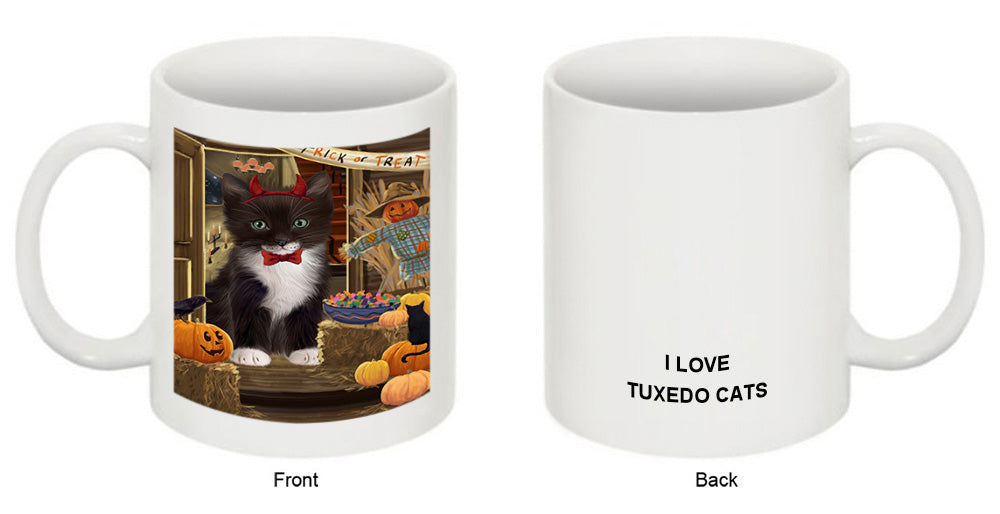 Enter at Own Risk Trick or Treat Halloween Tuxedo Cat Coffee Mug MUG48720