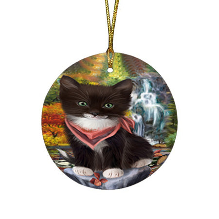 Scenic Waterfall Tuxedo Cat Round Flat Christmas Ornament RFPOR51968