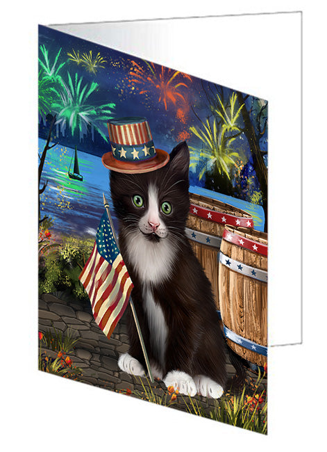 4th of July Independence Day Fireworks Tuxedo Cat at the Lake Handmade Artwork Assorted Pets Greeting Cards and Note Cards with Envelopes for All Occasions and Holiday Seasons GCD57767