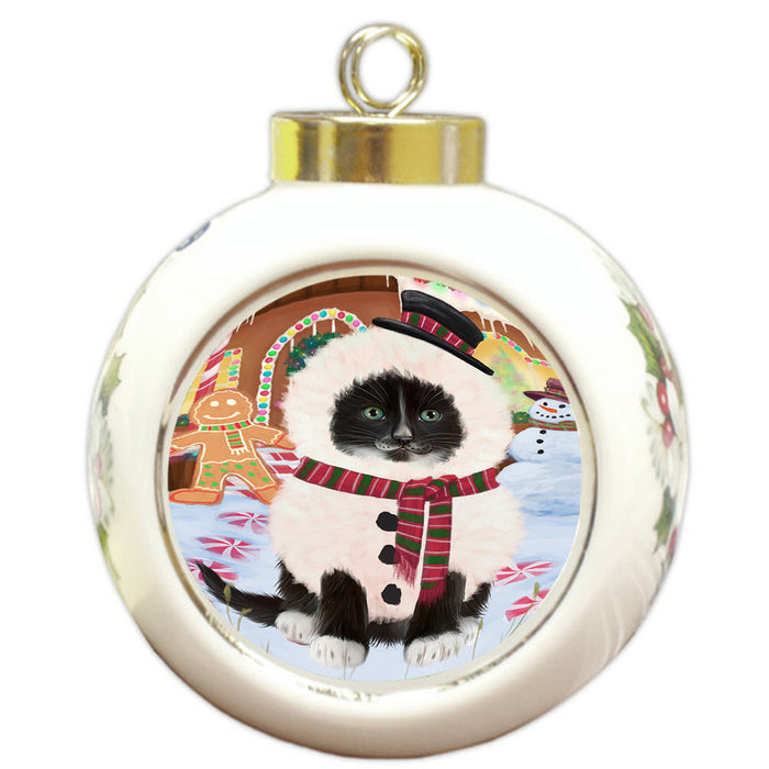 Christmas Gingerbread House Candyfest Tuxedo Cat Round Ball Christmas Ornament RBPOR56939