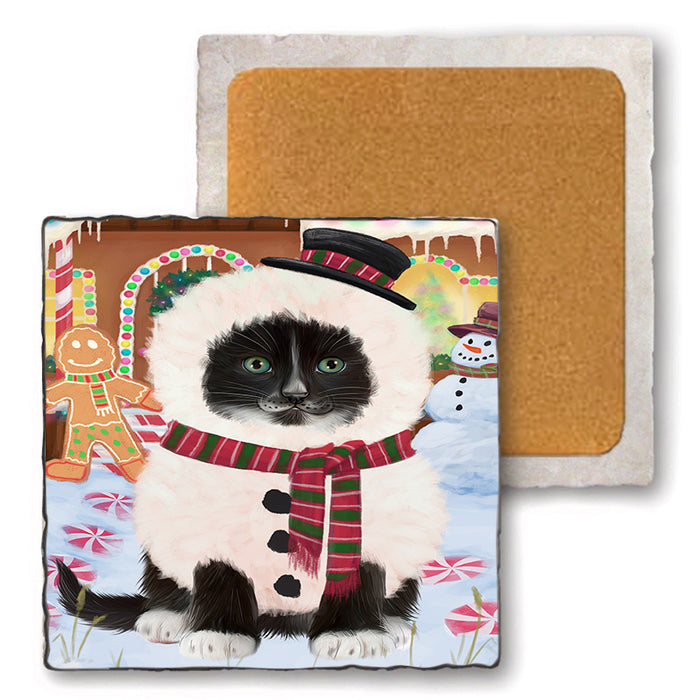 Christmas Gingerbread House Candyfest Tuxedo Cat Set of 4 Natural Stone Marble Tile Coasters MCST51583