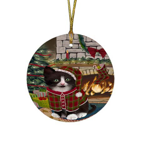 The Stocking was Hung Tuxedo Cat Round Flat Christmas Ornament RFPOR56001
