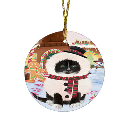 Christmas Gingerbread House Candyfest Tuxedo Cat Round Flat Christmas Ornament RFPOR56939