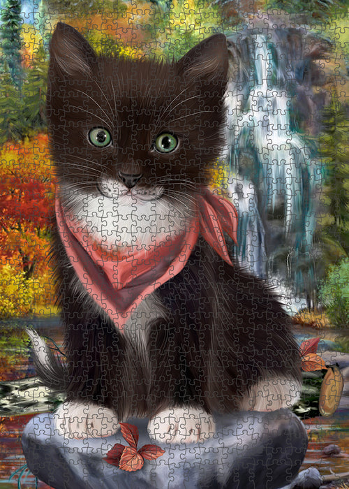 Scenic Waterfall Tuxedo Cat Puzzle with Photo Tin PUZL60018