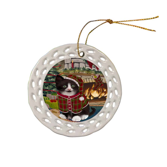 The Stocking was Hung Tuxedo Cat Ceramic Doily Ornament DPOR56001