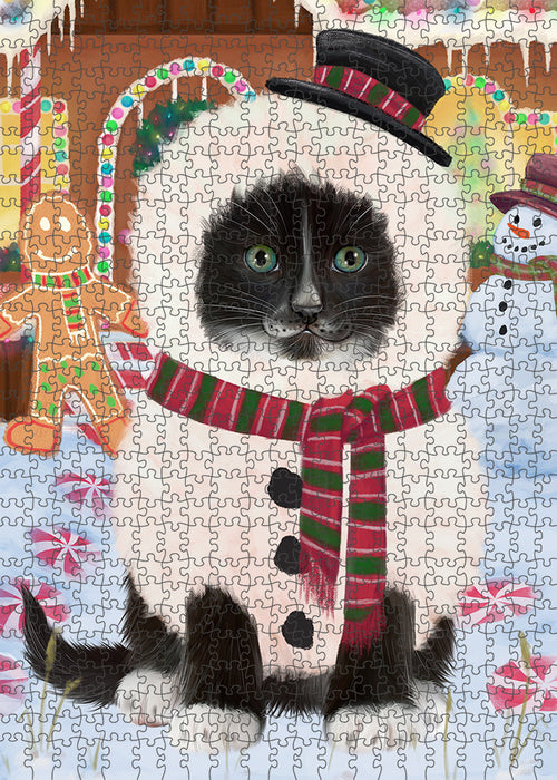Christmas Gingerbread House Candyfest Tuxedo Cat Puzzle with Photo Tin PUZL94532