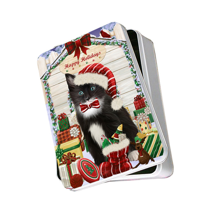 Happy Holidays Christmas Tuxedo Cat With Presents Photo Storage Tin PITN52693