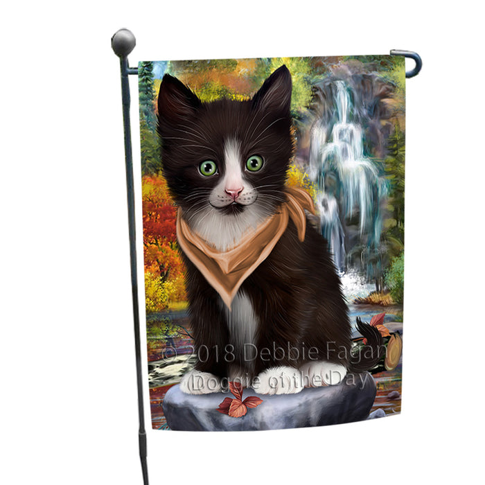 Scenic Waterfall Tuxedo Cat Garden Flag GFLG51975
