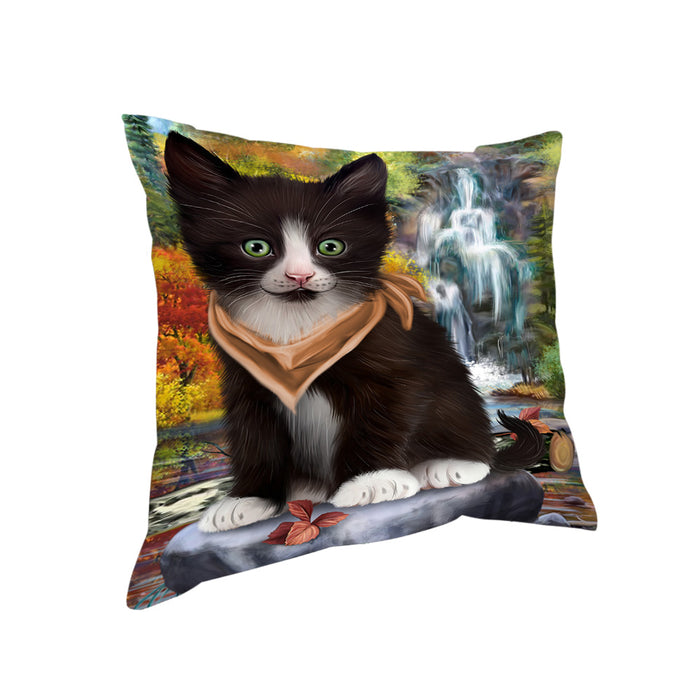 Scenic Waterfall Tuxedo Cat Pillow PIL64276