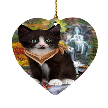 Scenic Waterfall Tuxedo Cat Heart Christmas Ornament HPOR51978