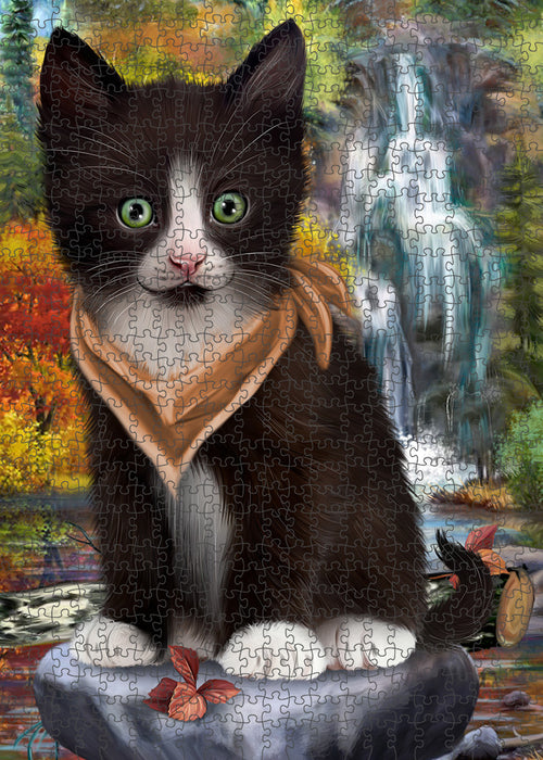 Scenic Waterfall Tuxedo Cat Puzzle with Photo Tin PUZL60021