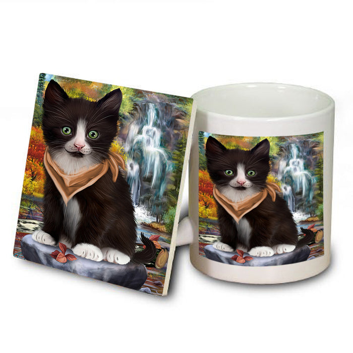 Scenic Waterfall Tuxedo Cat Mug and Coaster Set MUC51970