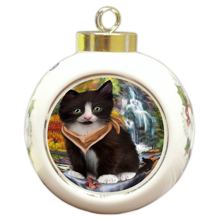 Scenic Waterfall Tuxedo Cat Round Ball Christmas Ornament RBPOR51978