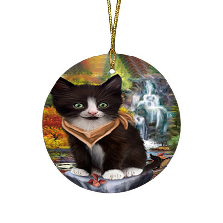 Scenic Waterfall Tuxedo Cat Round Flat Christmas Ornament RFPOR51969