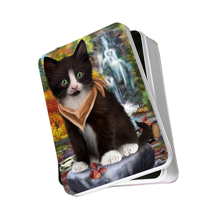 Scenic Waterfall Tuxedo Cat Photo Storage Tin PITN52030