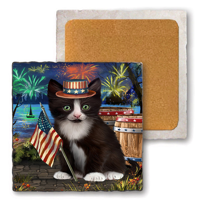 4th of July Independence Day Firework Tuxedo Cat Set of 4 Natural Stone Marble Tile Coasters MCST49105