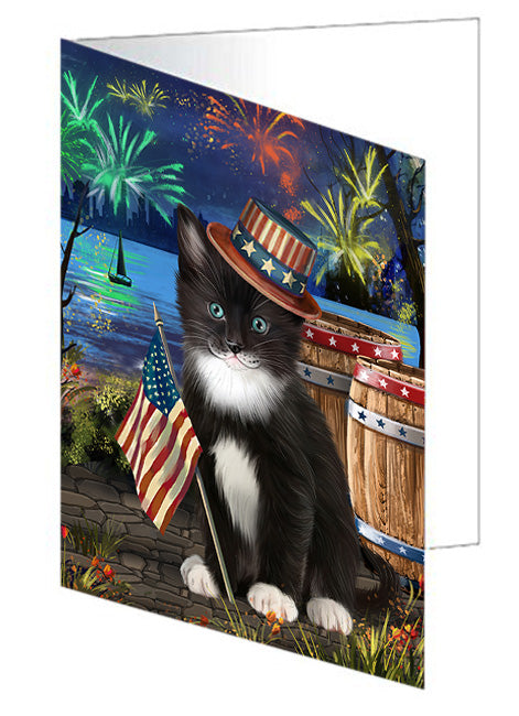 4th of July Independence Day Fireworks Tuxedo Cat at the Lake Handmade Artwork Assorted Pets Greeting Cards and Note Cards with Envelopes for All Occasions and Holiday Seasons GCD57770