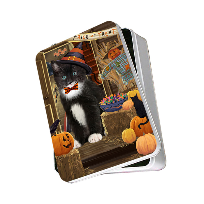 Enter at Own Risk Trick or Treat Halloween Tuxedo Cat Photo Storage Tin PITN53323