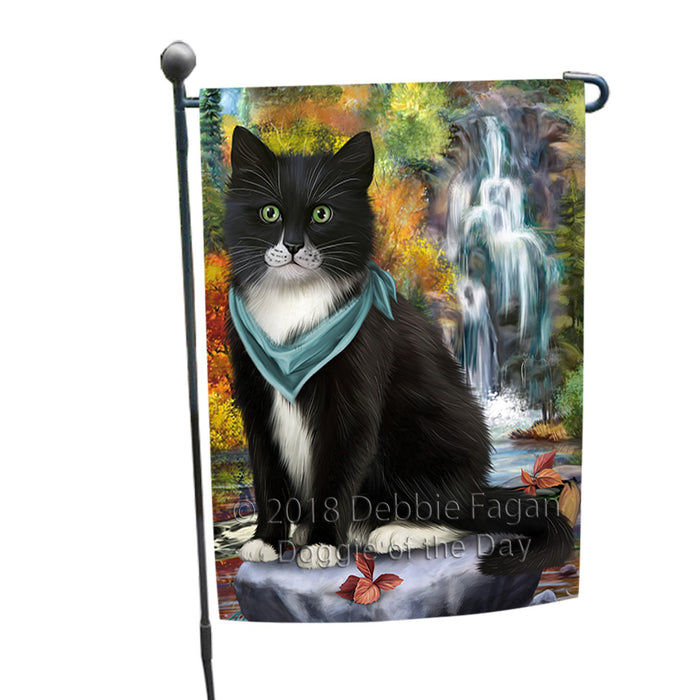 Scenic Waterfall Tuxedo Cat Garden Flag GFLG51976