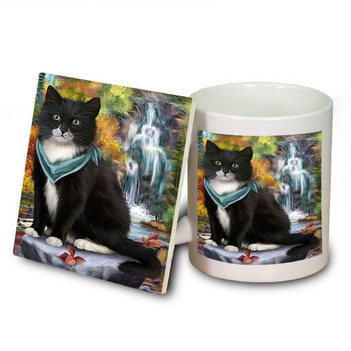 Scenic Waterfall Tuxedo Cat Mug and Coaster Set MUC51971