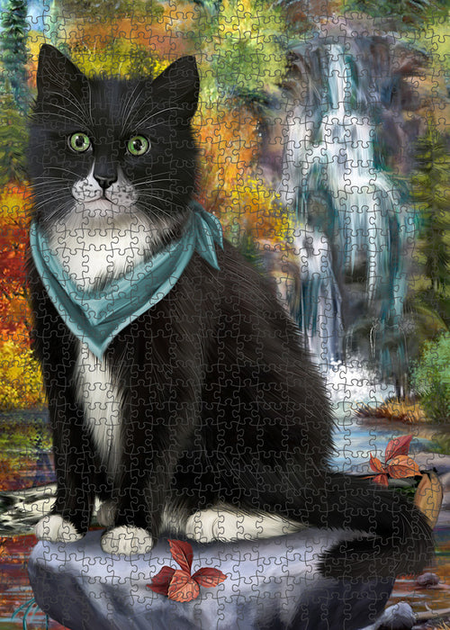 Scenic Waterfall Tuxedo Cat Puzzle with Photo Tin PUZL60024