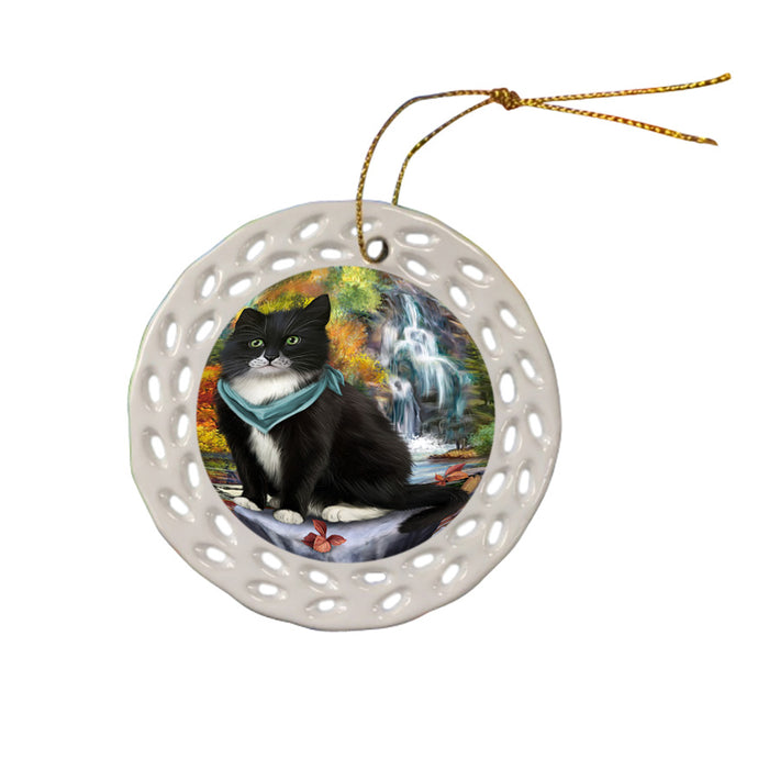 Scenic Waterfall Tuxedo Cat Ceramic Doily Ornament DPOR51979