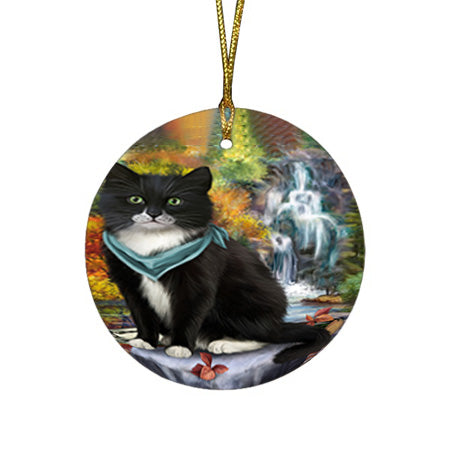 Scenic Waterfall Tuxedo Cat Round Flat Christmas Ornament RFPOR51970