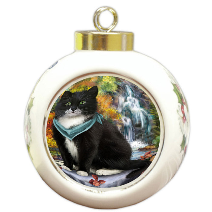 Scenic Waterfall Tuxedo Cat Round Ball Christmas Ornament RBPOR51979