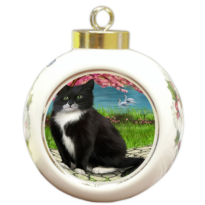 Tuxedo Cat Round Ball Christmas Ornament RBPOR51792