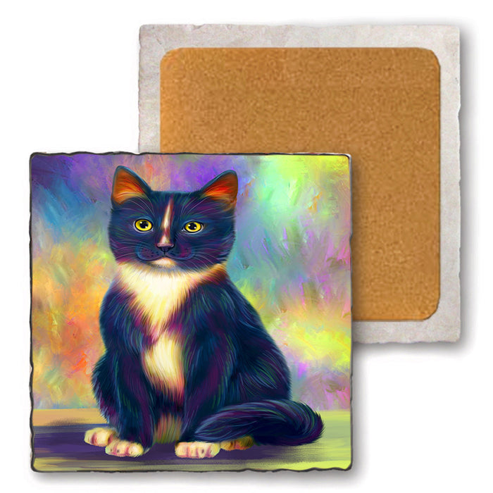 Paradise Wave Tuxedo Cat Set of 4 Natural Stone Marble Tile Coasters MCST51085