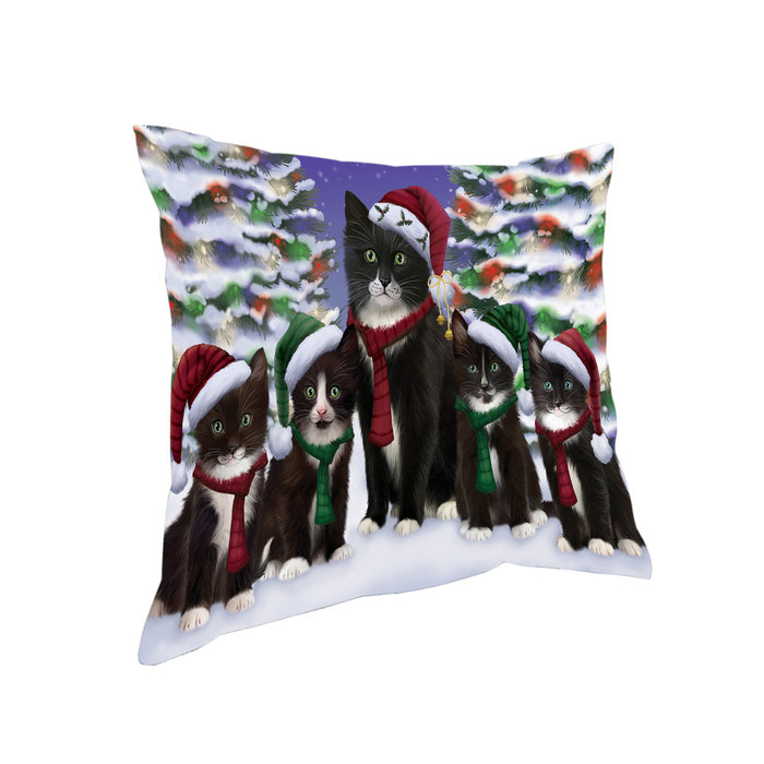 Tuxedo Cats Christmas Family Portrait in Holiday Scenic Background Pillow PIL67040