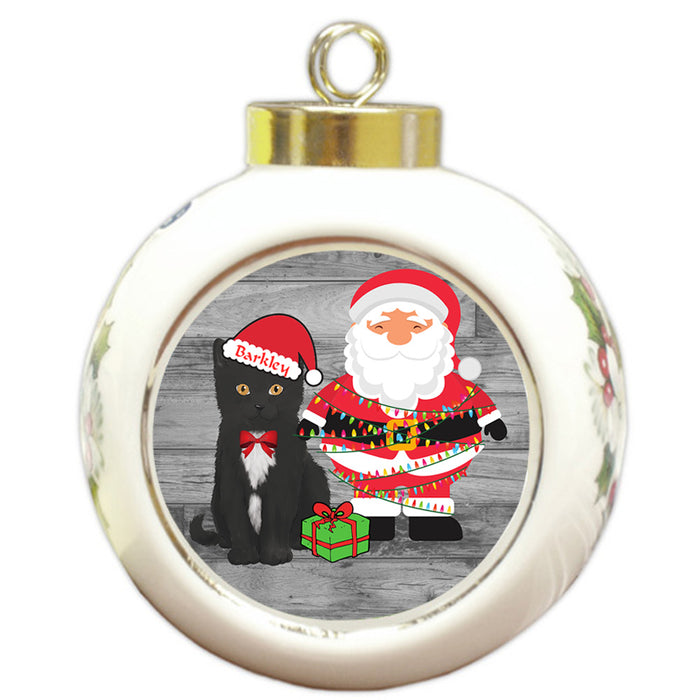 Custom Personalized Tuxedo Cat With Santa Wrapped in Light Christmas Round Ball Ornament