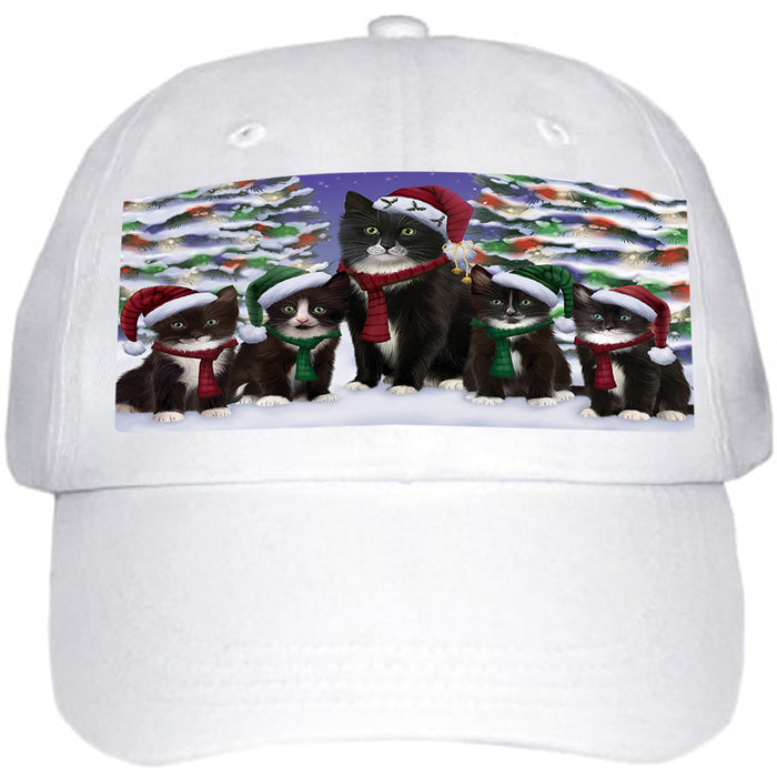 Tuxedo Cats Christmas Family Portrait in Holiday Scenic Background Ball Hat Cap HAT61896