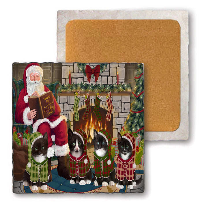 Christmas Cozy Holiday Tails Tuxedo Cats Set of 4 Natural Stone Marble Tile Coasters MCST50396