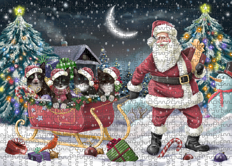 Santa Sled Dogs Christmas Happy Holidays Tuxedo Cats Puzzle with Photo Tin PUZL59265