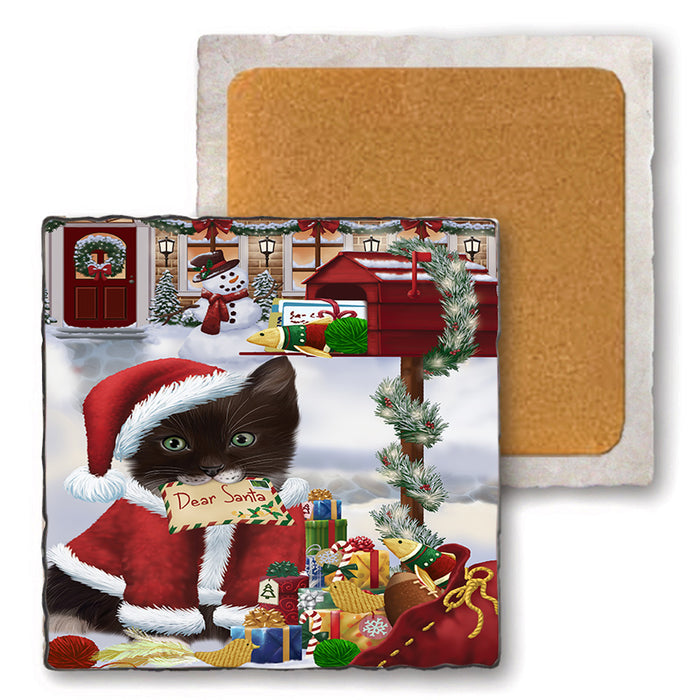 Tuxedo Cat Dear Santa Letter Christmas Holiday Mailbox Set of 4 Natural Stone Marble Tile Coasters MCST48557