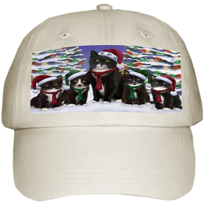 Tuxedo Cats Christmas Family Portrait in Holiday Scenic Background Ball Hat Cap HAT61896